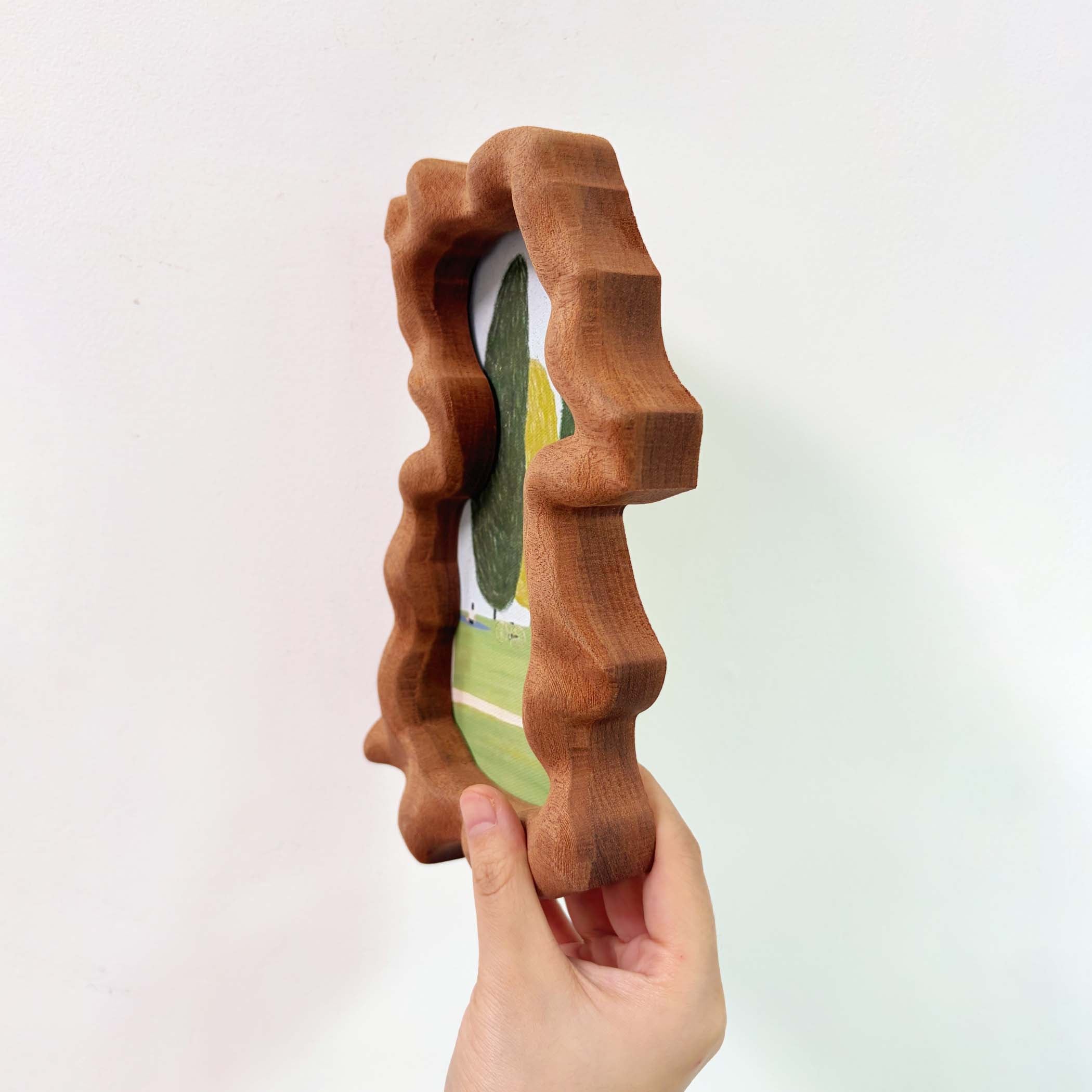 Hand-Carved Wavy Sapele Wood Picture Frame with Tree Art