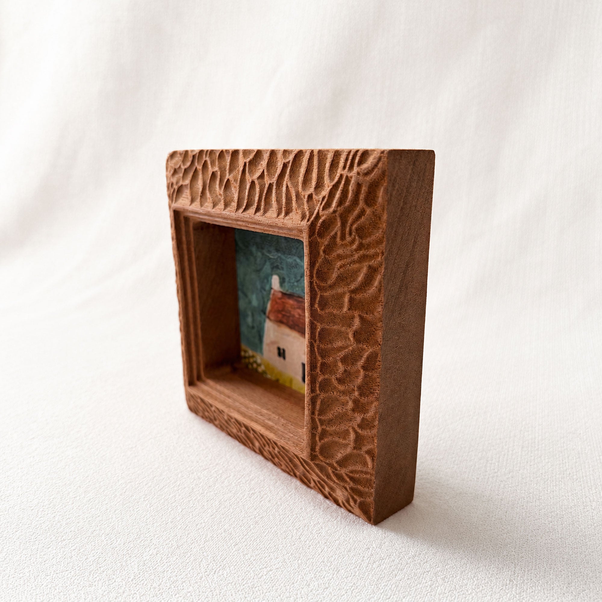 Hand-Carved Textured Sapele Wood Picture Frame with Cottage Art