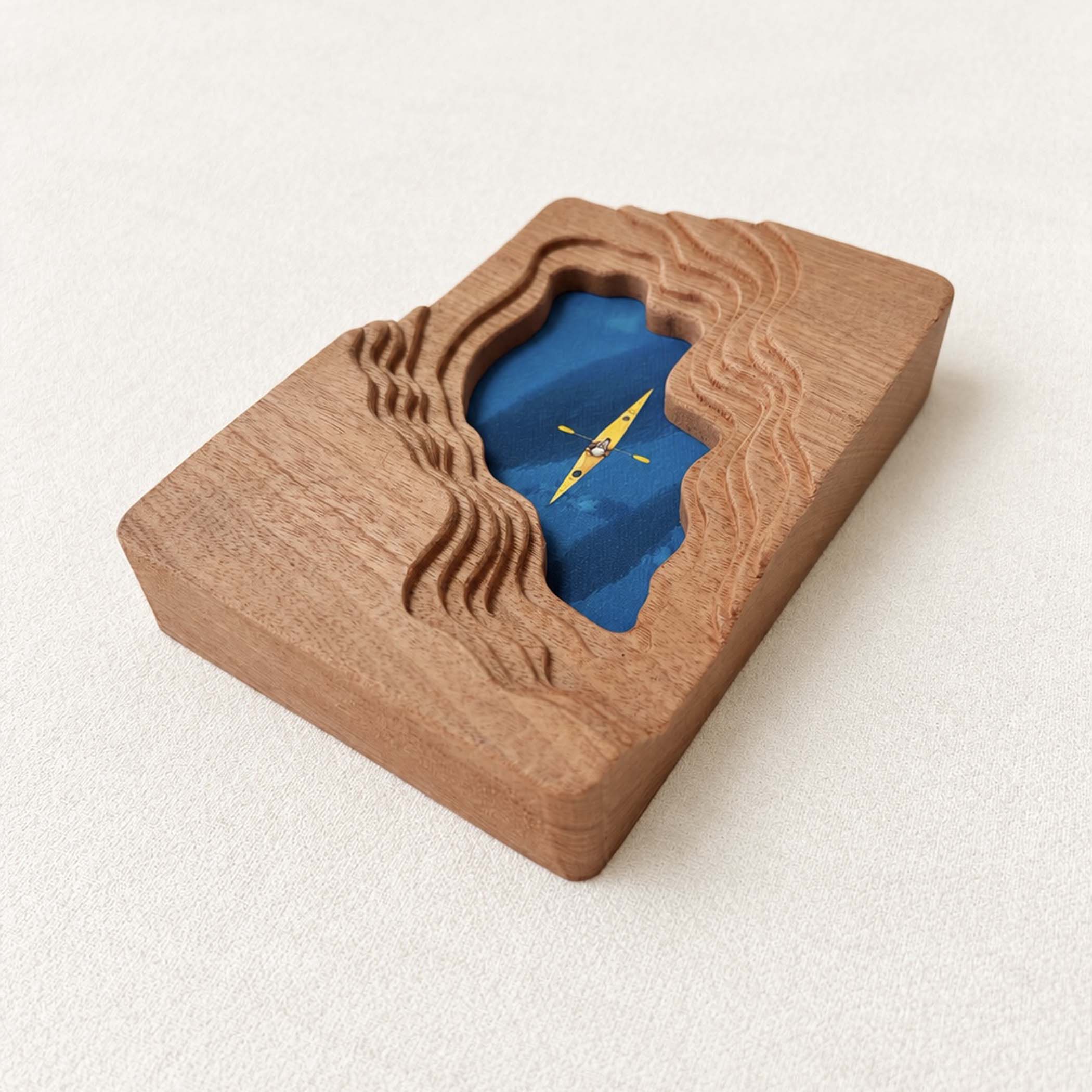Hand-Carved Textured Sapele Wood Picture Frame with Lake & Kayak Art