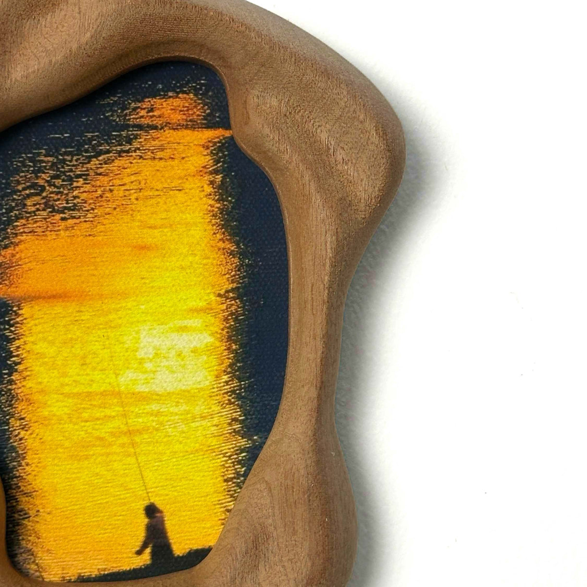Handmade Wabi Sabi Freeform Wood Picture Frame, Abstract Sunset Fishing Art for Bedroom
