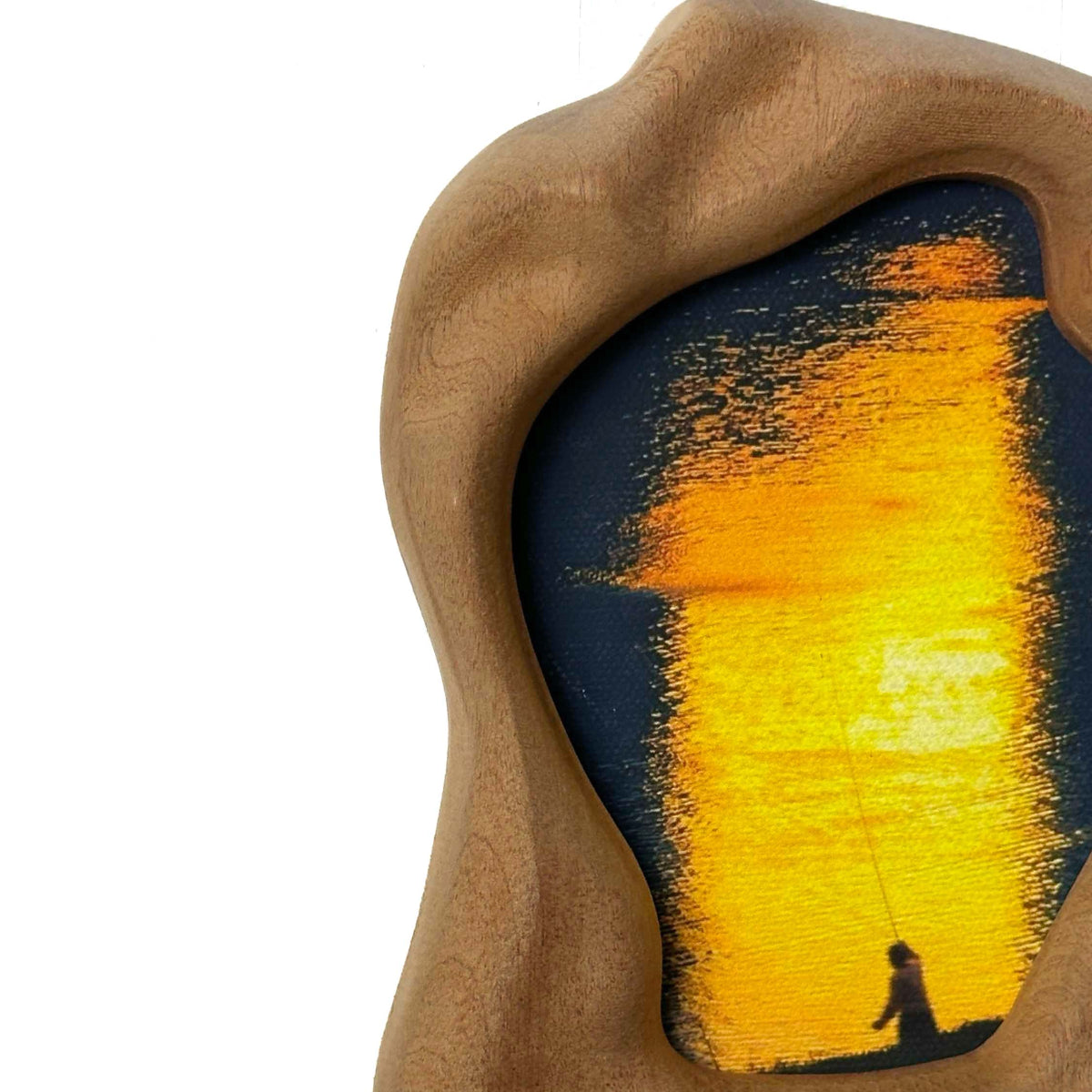 Handmade Wabi Sabi Freeform Wood Picture Frame, Abstract Sunset Fishing Art for Bedroom