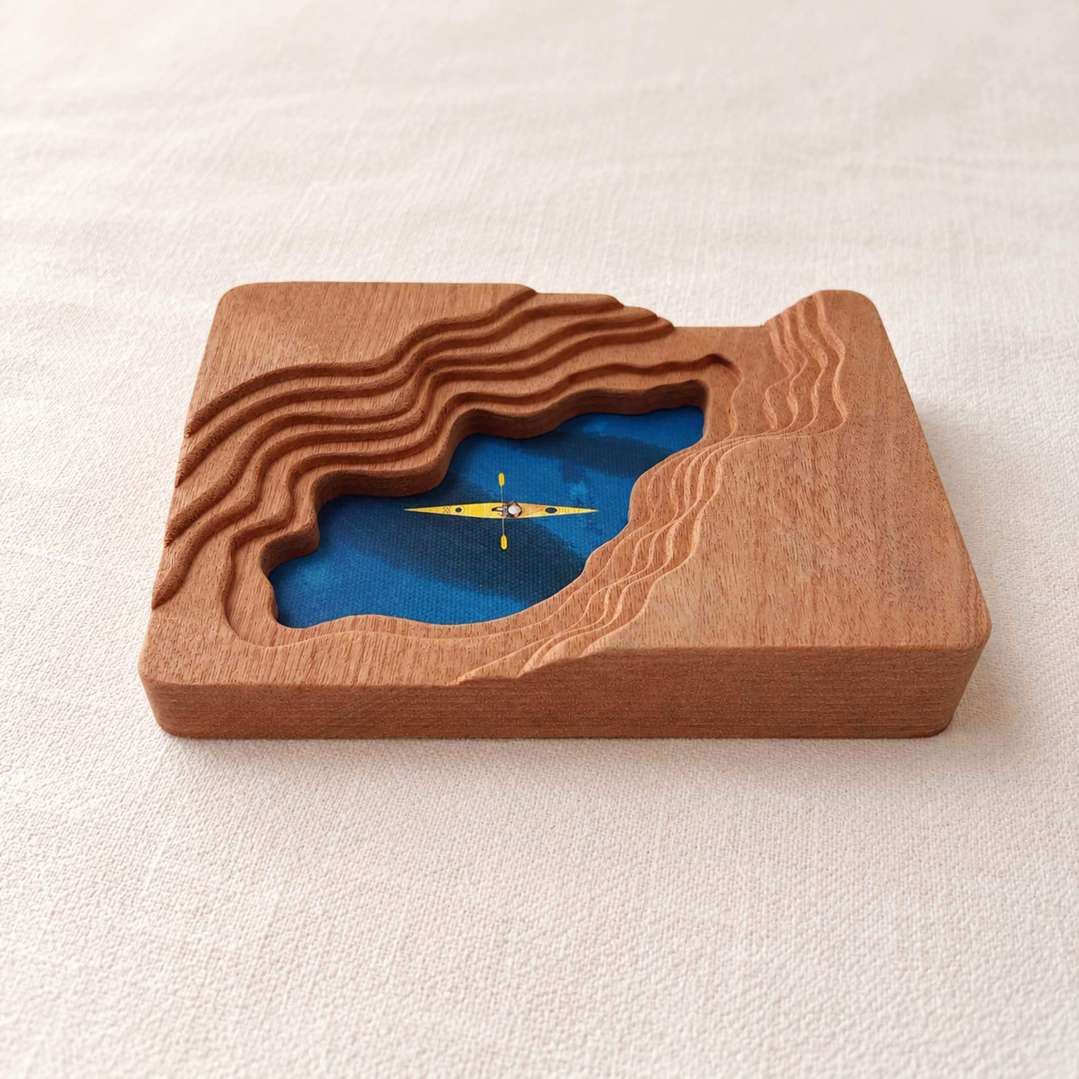 Hand-Carved Textured Sapele Wood Picture Frame with Lake & Kayak Art