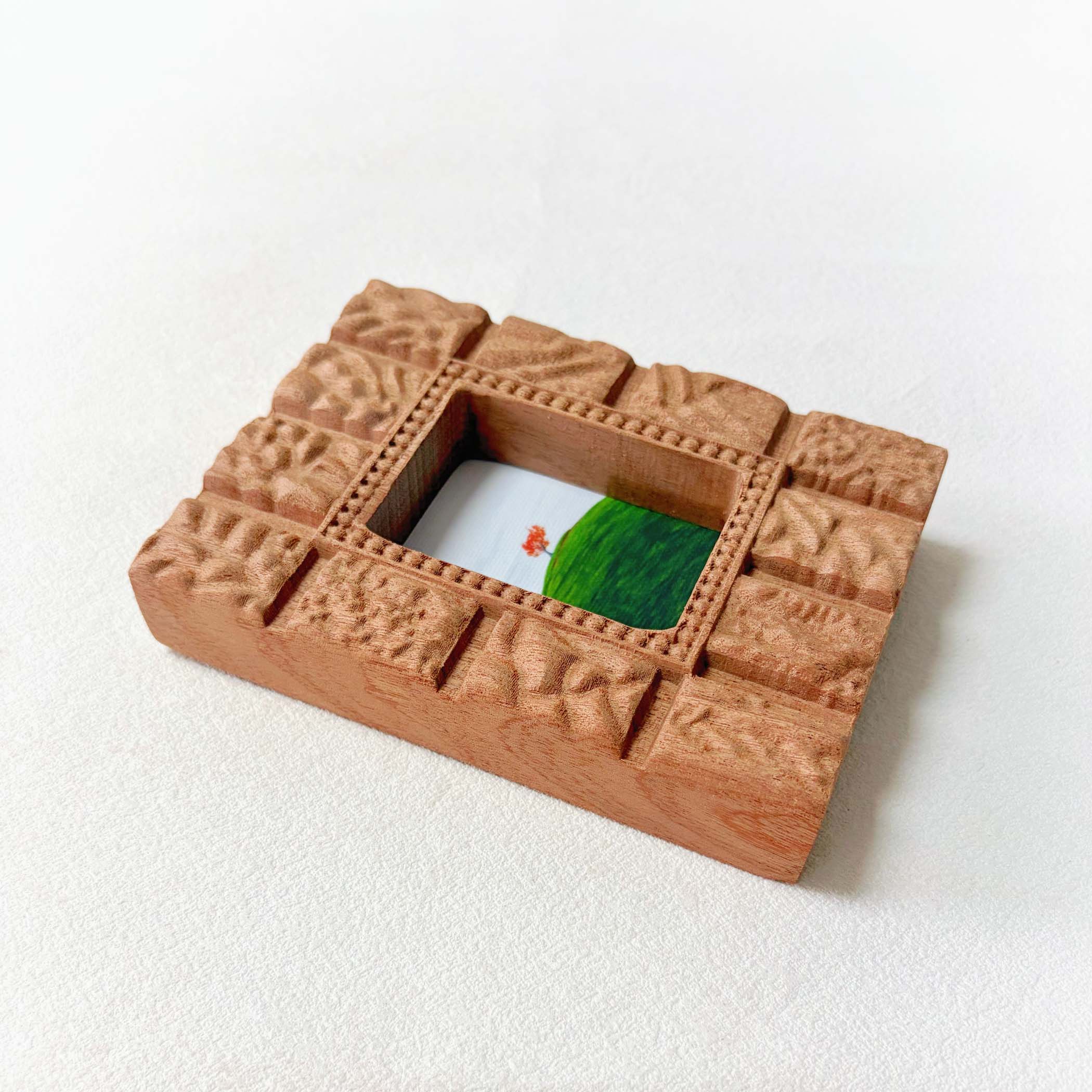 Hand-Carved Textured Sapele Wood Picture Frame with Red Tree Art