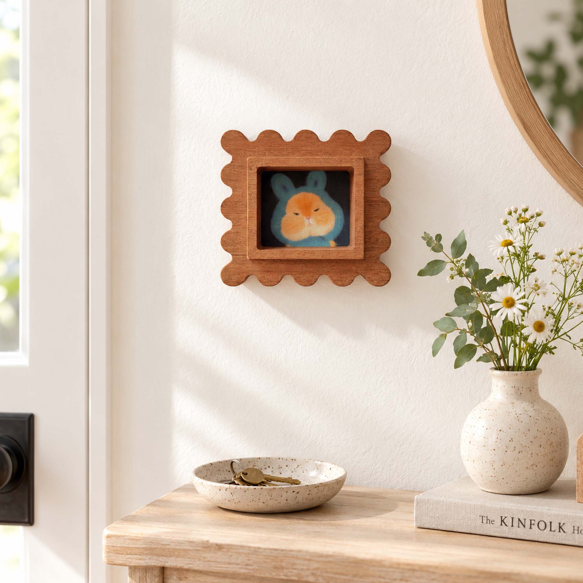 Handmade Scalloped Sapele Wood Picture Frame with Rabbit Art